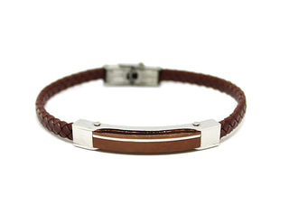 Bracciale Uomo in Cuoio Marrone lavorato con Piastrina con riga orizzontale Silver
