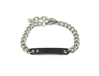 Bracciale di Coppia Maglia a Catena con Piastrina Nera e Cristallo Azzurro