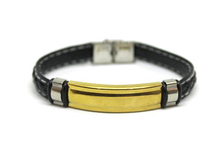 Bracciale Uomo in Cuoio Nero intrecciato con Cuciture Bianche con Piastrina Oro e Anelli laterali Neri e Silver