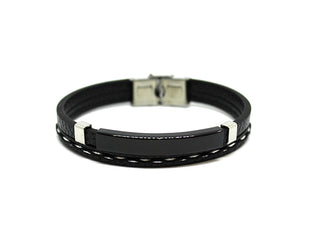 Bracciale Uomo doppio in Ecopelle Nero e Cuciture Bianche con Piastrina centrale Nera