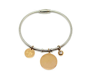 Bracciale Donna Rigido con Ciondolo Life e Ciondolo Tondo con Chiusura Magnetica Rose Gold