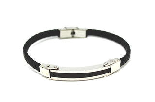 Bracciale Uomo in Cuoio Nero lavorato con Piastrina Silver interno Nero