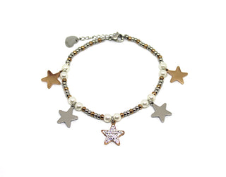 Bracciale Donna Rose Gold Maglia Pallini e Perle con Charms Stelle e Cristalli