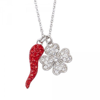 Collana con pendente quadrifoglio e cornetto rosso