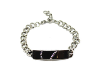 Bracciale di Coppia Maglia a Catena con Piastrina Nera e Mezzo Cuore con Cristalli