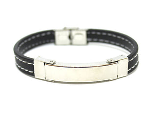 Bracciale Uomo in Cuoio Nero con Cuciture Bianche con Piastrina Silver