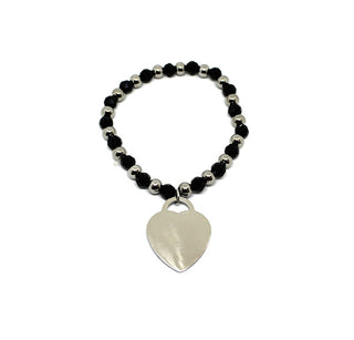 Pulsera de Mujer de Lunares y Cuentas Negras con Goma Elástica y Colgante de Corazón Alargado