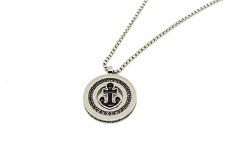 Collana Uomo Maglia Tonda con Ciondolo Tondo e simbolo Ancora con Cristalli Neri