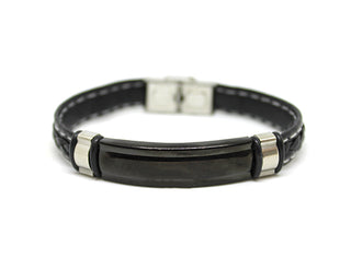 Bracciale Uomo in Cuoio Nero intrecciato con Cuciture Bianche con Piastrina Nera e Anelli laterali Neri e Silver