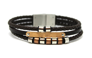 Bracciale Uomo in Ecopelle Marrone triplo con Piastrina centrale e Anelli Ramati e Silver