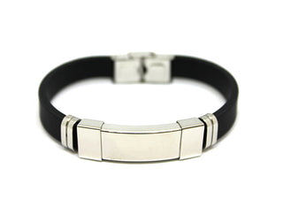 Bracciale Uomo in Silicone Nero con Piastrina centrale e Anelli laterali