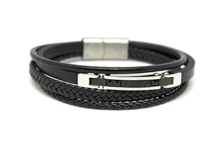 Bracciale Uomo in Ecopelle Nero a quattro fasce lavorate con Piastrina centrale e inserti Neri
