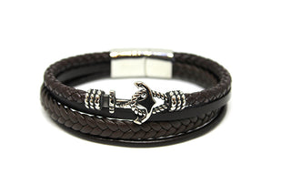 Bracciale Uomo in Ecopelle Nero quadruplo lavorato con Ancora centrale