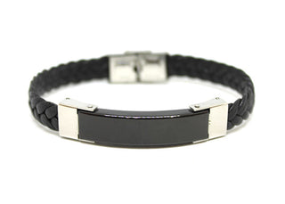 Bracciale Uomo Nero in Cuoio intrecciato con Piastrina dettagli Silver