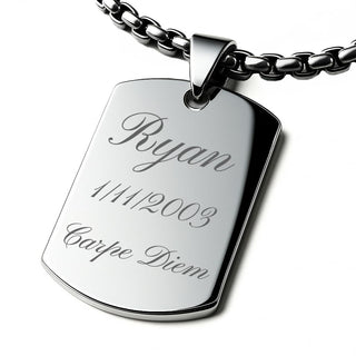 Incisione Personalizzata Collana Uomo o Donna Rettangolare in Acciaio Inossidabile – Incisione Elegante Fronte/Retro – Tre Misure del Pendente – Diverse Lunghezze – Idea Regalo con Scatolina