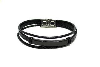 Bracciale Uomo triplo in Ecopelle Nero con Piastrina Nera centrale