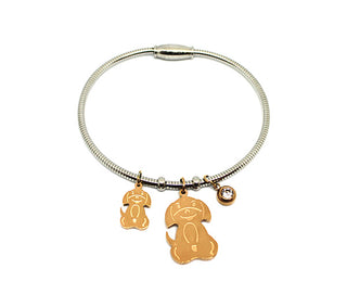 Bracciale Donna Semirigido con Chiusura Magnetica con due Ciondoli a forma di Cani Oro Rosa e Cristallo