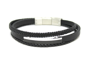 Bracciale Uomo in Ecopelle triplo Nero lavorato con Piastrina centrale