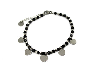 Pulsera de Mujer de Malla con Piedras Negras y Charms de Corazón