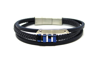 Pulsera triple para hombre de polipiel azul oscuro con placa y anillos en azul y plata