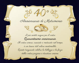 Targa per Quarantesimo Anniversario di Matrimonio | Congratulazioni 40° Anniversario di Nozze | Regalo Nozze di rubino | Pergamena Oro su Cofanetto Blu