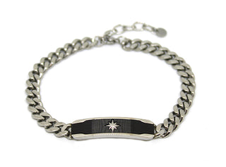 Bracciale Uomo Maglia Gourmette a taglio diamante con Piastrina Nera e simbolo Rosa dei Venti