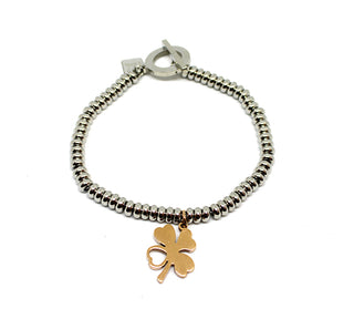 Bracciale Donna Maglia ad Anelli con Ciondolo Rose Gold a Quadrifoglio e Chiusura ad Anello