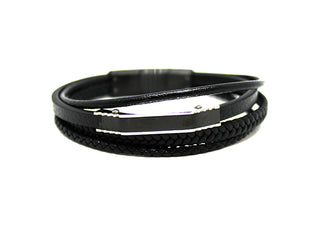 Pulsera Cuádruple Negra para Hombre en Ecopiel con placa central con bordes en Plata
