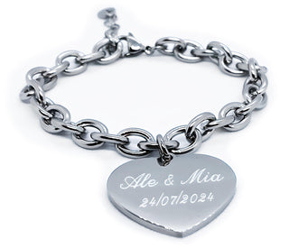 Braccialetto Donna a cuore con Incisione Personalizzata | Bracciale in Acciaio inossidabile personalizzabile | Bijoux a catena e pendente