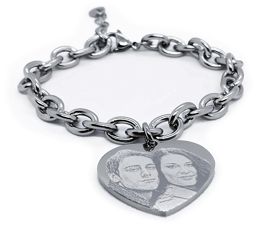 Bracciale Donna Personalizzabile Con Foto Incisa A Cuore - Gioiello In Acciaio Anallergico Con Incisione Fotografica E Testo