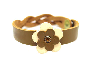 Bracciale Donna Large in Cuoio con Fiore Marrone con dettagli Beige e Cristallo