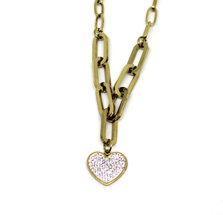 Collar de Mujer en Oro de Eslabones Rectangulares con Colgante en Forma de Corazón y Cristales Blancos