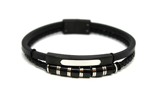 Bracciale Uomo Nero in Ecopelle doppio con Piastrina e Anelli con dettagli Silver