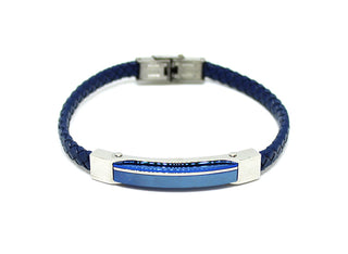 Pulsera para Hombre en Piel Azul con Placa con Línea Horizontal en Plata
