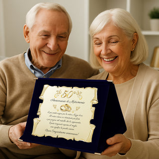 Targa Cinquantesimo Anniversario di Matrimonio | Elegante Regalo 50° Nozze d'Oro | Targhetta Pergamena dorata su cofanetto in velluto (Blu e Dorato, 50)