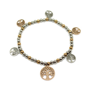 Bracciale Donna Maglia a Pallini con Elastico con Charms Alberi della Vita Rose Gold