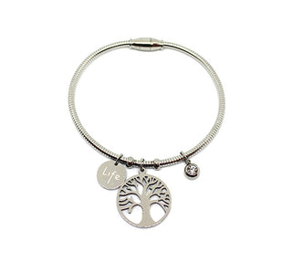 Bracciale Donna Rigido con Ciondolo Life e Ciondolo Tondo con Albero della Vita con Chiusura Magnetica