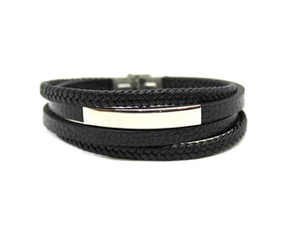 Bracciale Uomo quadruplo in Cuoio Nero con Piastrina centrale
