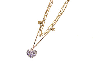 Collana Donna Oro Rosa doppia Maglia a Catena fine e a Pallini con Ciondolo grande a forma di Cuore e Cristalli Bianchi