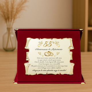 Targa Cinquantacinquesimo Anniversario di Matrimonio | Elegante Regalo 55° Nozze di Smeraldo | Targhetta Pergamena dorata su cofanetto in velluto