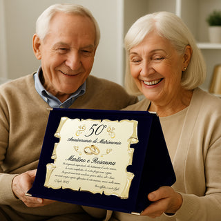 Regalo Anniversario Personalizzato | Targa Anniversario di Matrimonio | Regalo per nozze d'oro, d'argento, rubino, diamante | Cofanetto con Targa a Pergamena