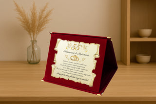 Targa Cinquantacinquesimo Anniversario di Matrimonio | Elegante Regalo 55° Nozze di Smeraldo | Targhetta Pergamena dorata su cofanetto in velluto