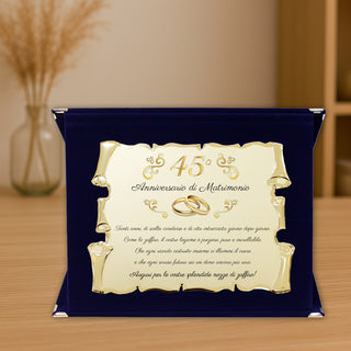 Targa Quarantacinquesimo Anniversario di Matrimonio | Elegante Regalo 45° Nozze di Zaffiro | Targhetta Pergamena dorata su cofanetto in velluto (Blu e Dorato, 45° Anniversario)