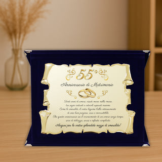 Targa Cinquantacinquesimo Anniversario di Matrimonio | Elegante Regalo 55° Nozze di Smeraldo | Targhetta Pergamena dorata su cofanetto in velluto