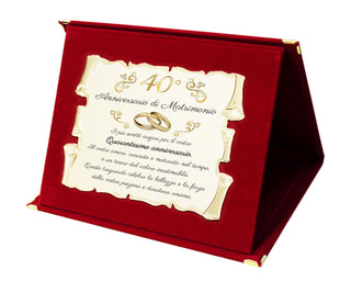 Targa per Quarantesimo Anniversario di Matrimonio | Congratulazioni 40° Anniversario di Nozze | Regalo Nozze di rubino | Pergamena Oro su Cofanetto Blu