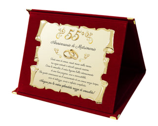 Targa Cinquantacinquesimo Anniversario di Matrimonio | Elegante Regalo 55° Nozze di Smeraldo | Targhetta Pergamena dorata su cofanetto in velluto