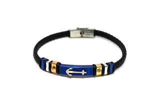 Bracciale Uomo in Cuoio Nero con Piastrina Blu e Ancora centrale con Anelli laterali Oro, Bianchi, Neri e Blu
