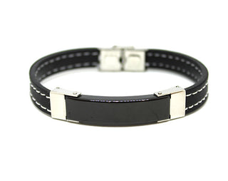 Bracciale Uomo in Cuoio Nero con Cuciture Bianche con Piastrina Nera
