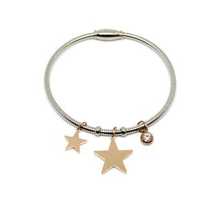 Bracciale Donna Semirigido con Chiusura Magnetica con due Ciondoli a Stella in OroRosa e Cristallo