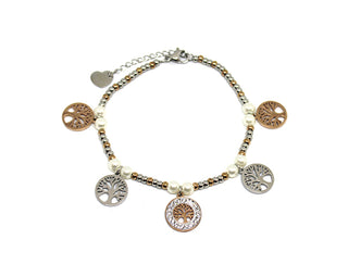 Bracciale Donna Rose Gold Maglia Pallini e Perle con Charms Alberi della Vita e Cristalli